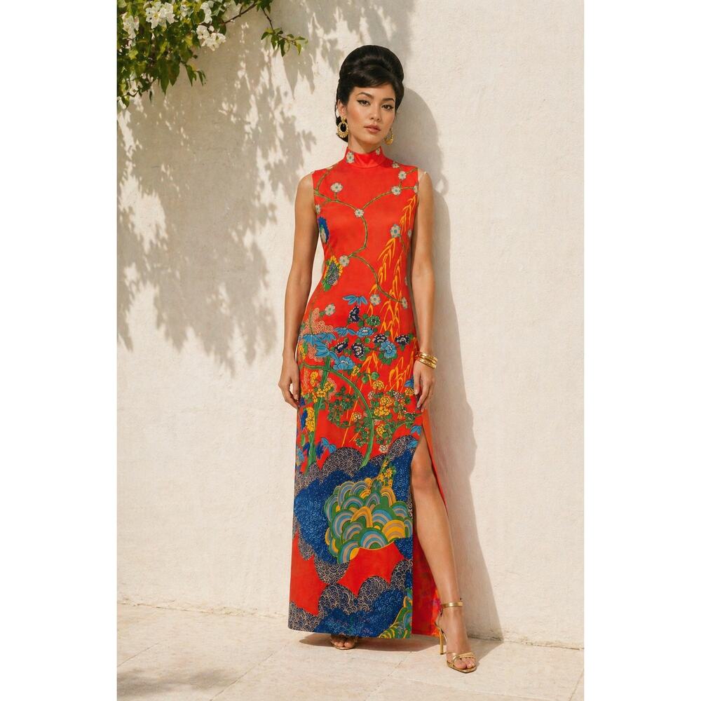 Vintage 1970s Adele Simpson Floral Polyester Asian Theme Red Maxi Dress SZ 6
